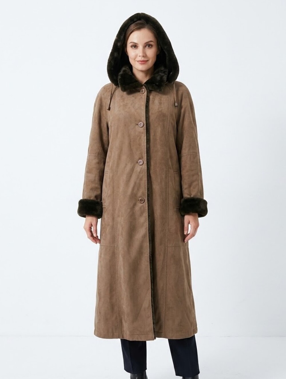 Utex Faux Suede Faux Fur Trim Hooded Long Coat Medium Brown Winter Cozy Duster